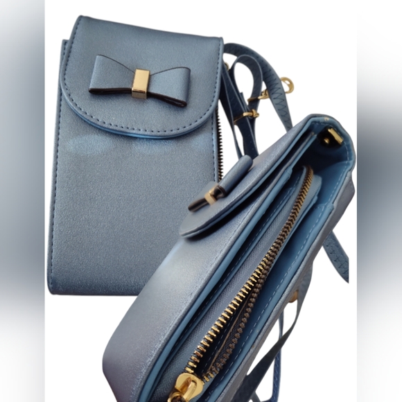 non Accessories - Blue Bow Phone Wallet Crossbody Bag Purse & Detachable Strap/ See thru Pouch EUC